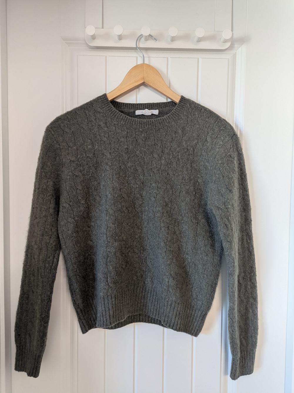 100% Cashmere Cropped Cable Knit Olive Green Crewneck Sweater - Size Large